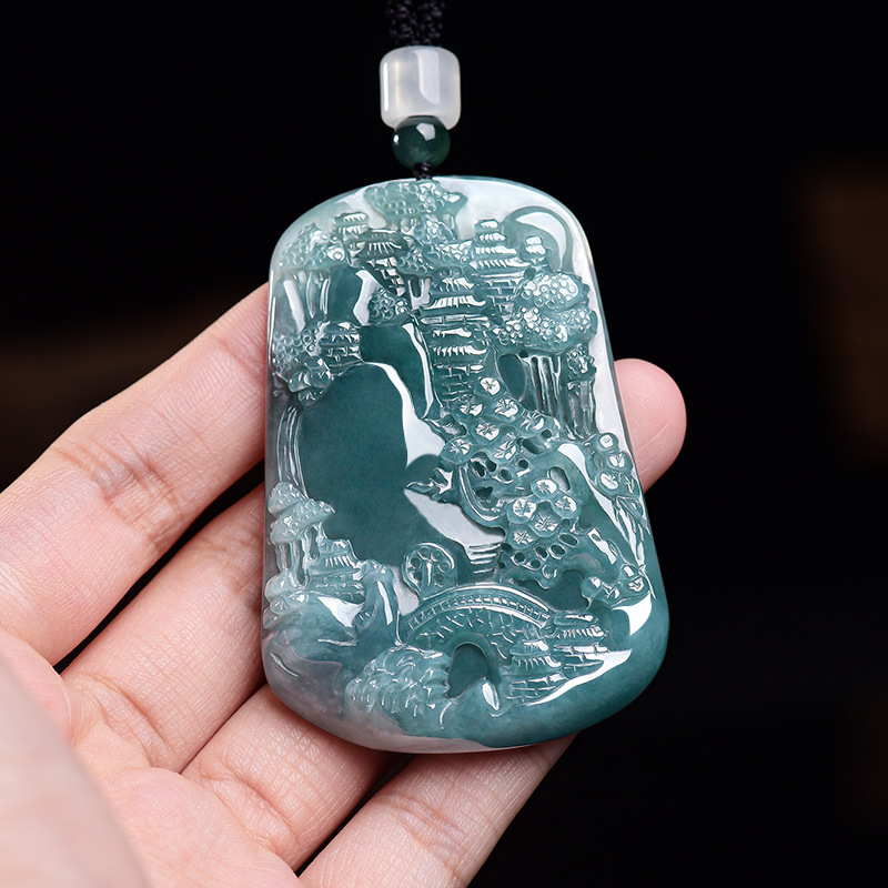Women'S Fashion - Natural Burmese Jadeite Scenery Pendant Necklace